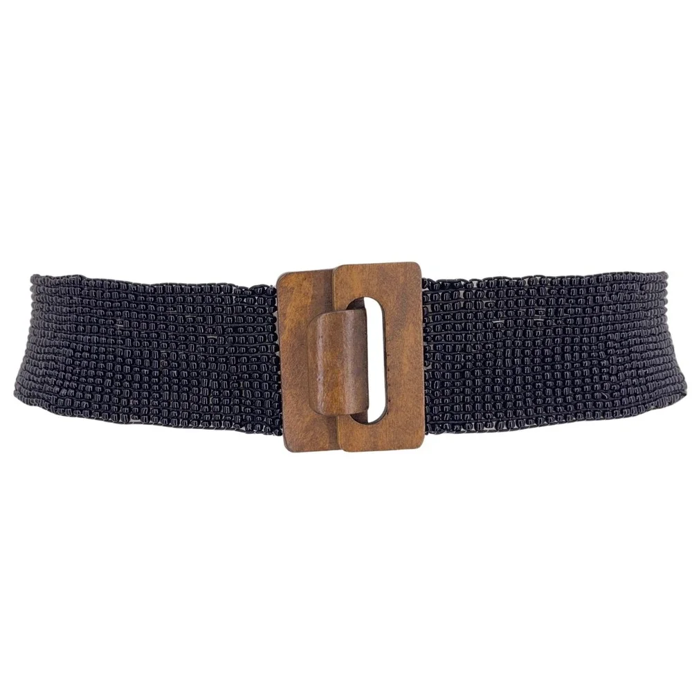 Black Beaded Belt OS Wide Cinch Wood Buckle Elastic Stretch Boho